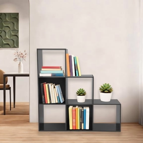 6 Cube Ladder Bookshelf, L-Shaped Storage Bookcase with Open Back 176 lbs Capacity PVC Corner Shelf for Living Room, Office, Bedroom Reversible Design (Fits 90 Rotation) Black