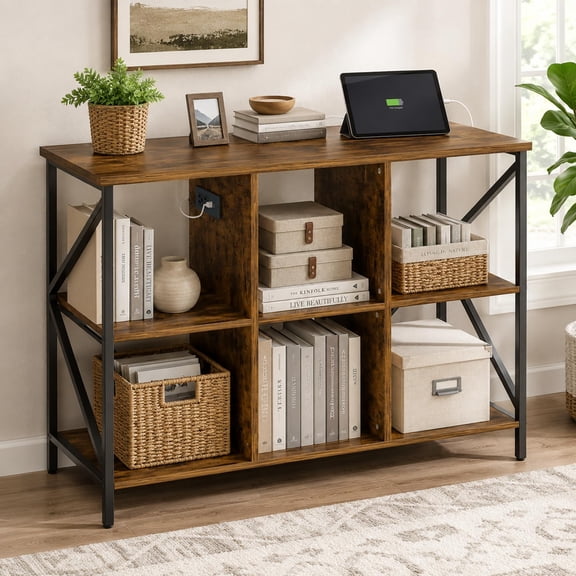 6 Cube Organizer with Charge Station, Industrial Bookcase, Rustic Brown