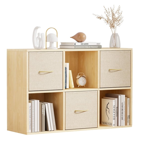 6 Cube Shelf - Light Natural Wood Bookcase With 3 Fabric Bins, Modular Storage Organizer For Living Room Or Office