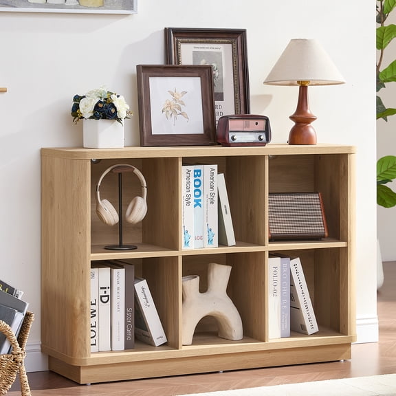 6 Cube Storage Book Shelf, 40.5" Wide Wood Cube Storage Organizer, Wooden 2 Tiers Floor Standing Low Bookcase for Living Room, Home Office, Kids Room