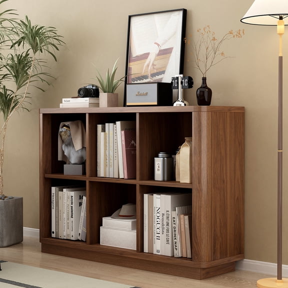 6 Cube Storage Bookcase, 40 Wide Low Horizontal Book Shelf with Curved Edge, Wood Floor Standing 2-Tier Bookshelf with Base, Farmhouse Short Book Case for Bedroom, Living Room, Office, Walnut