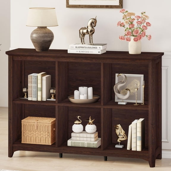 6 Cube Storage Bookcase, 43 Wide Horizontal Bookshelf with 330 LBS Capacity, Floor Standing Low Wooden Book Shelf with Curved for Living Room, Office - Brown Cherry
