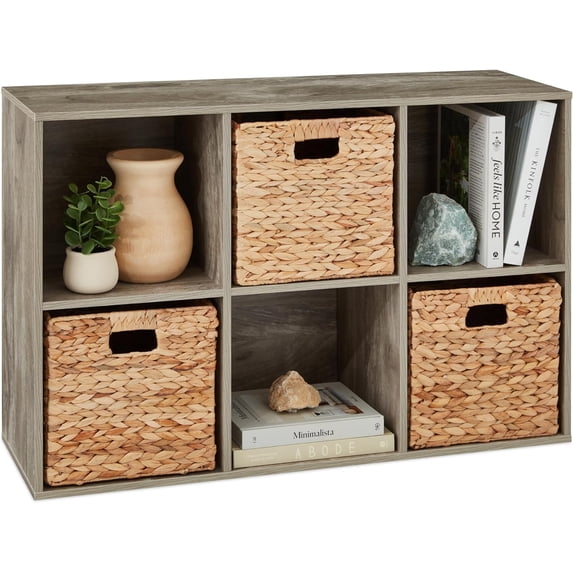 6-Cube Storage Organizer, 11in Shelf Opening, Bookcase, Display Shelf, Customizable w/ 3 Removable Back Panels –Greige