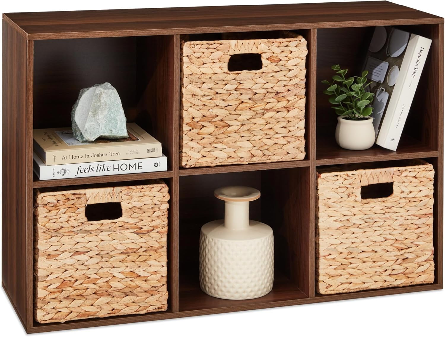 6-Cube Storage Organizer, 11in Shelf Opening, Bookcase, Display Shelf, Customizable w/ 3 Removable Back Panels – Walnut