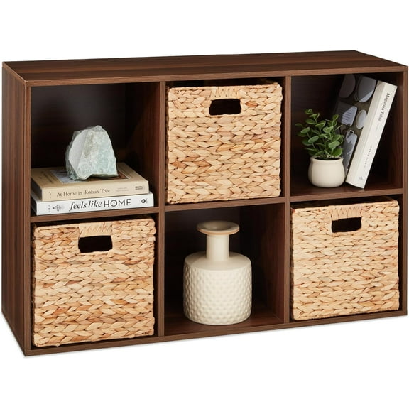 6-Cube Storage Organizer, 11in Shelf Opening, Bookcase, Display Shelf, Customizable w/ 3 Removable Back Panels – Walnut