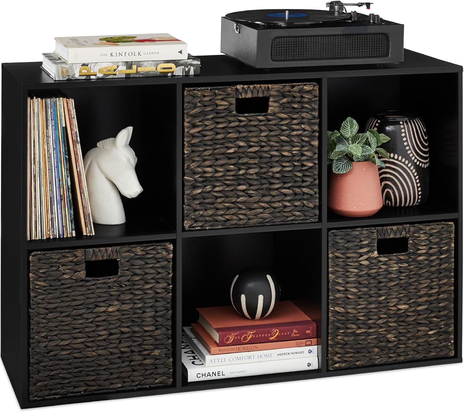 Bookshelf With Storage Bins, 8-Cube Storage Organizer, Modern Wood Open Bookcase Multifunctional Display Shelf Living Room Bedroom Home Office Solid Black - View #10