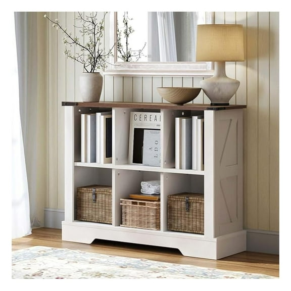 6 Cube Storage Organizer, 2 Tier Bookshelf for Living Room, Farmhouse Bookcase with Led, Kids Toy Storage Cabinet, Wall Cubby Shelves for Home Decor, Wood Display Cabinet for Bedroom, White