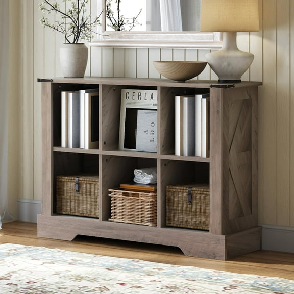 6 Cube Storage Organizer, 2 Tier Bookshelf for Living Room, Farmhouse Bookcase with Led, Kids Toy Storage Cabinet, Wall Cubby Shelves for Home Decor, Wood Display Cabinet for Bedroom, Grey