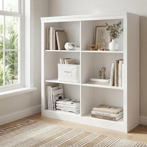 6 Cube Storage Organizer, 53 Inch Tall Bookcase with Anti Tip Design, Sturdy Wooden Bookshelf for Living Room, Bedroom, Home Office, White Cube Shelf in White