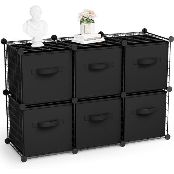 6 Cube Storage Organizer with 6 Foldable Fabric Storage Bins, Metal Wire Grid Shelves, Stackable Modular Closet Organizer for Bedroom Living Room Office Toys Books(Black,Black)
