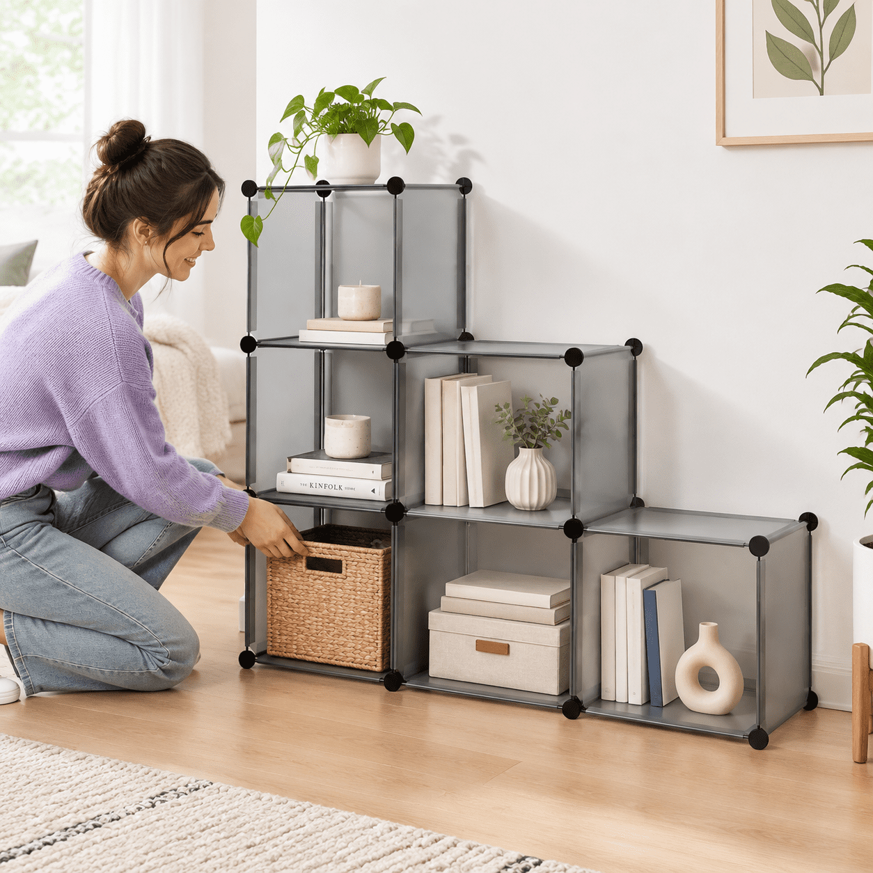 6-Cube Storage Organizer Bookcase, Grey, Modular Storage Shelf for ...