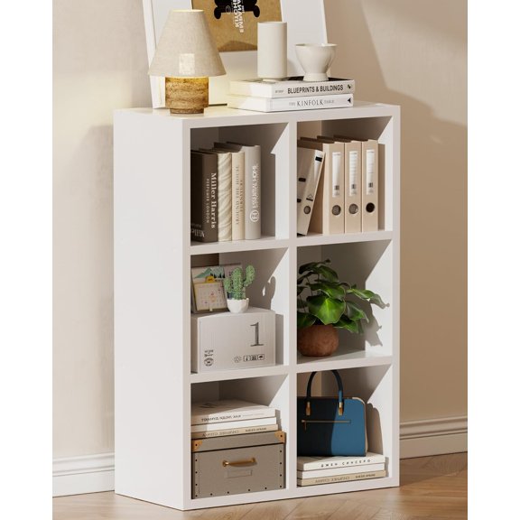 6-Cube Storage Organizer Bookcase, Stackable Cube Shelf Fits 11" Bins, Open Storage Cabinet with Partial Back Panels, Vertical or Horizontal Bookshelf for Bedroom,Home Office, White