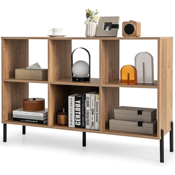 6 Cube Storage Organizer Bookshelf, 3-Tier Wood Open Bookcase with 5 Metal Legs, Adjustable Display Shelf & Anti-Tipping Device, Freestanding Cubicle Shelf for Living Room & Home Office