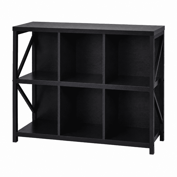 6 Cube Storage Organizer Bookshelf, Horizontal 40" W Industrial Bookcase, Low Profile Short Shelving Unit for Home Office, 13.6" D x 40" W x 30.9" H, Black
