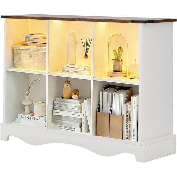6 Cube Storage Organizer, Horizontal Cube Bookcase with LED Lights, Hallway TV Stand for Entryway, 11''x11'' Farmhouse Book Shelves for Living Room, Wood Display Bookcase Cabinet with Wide Top, White