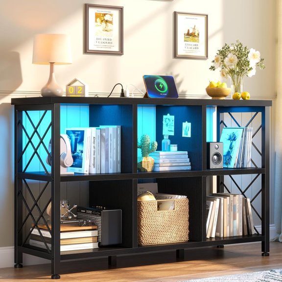 6 Cube Storage Organizer, LED Horizontal Bookshelf, Black | Cube Shelf with Charging Station, Holds 245 LBS, Low Bookcase for Living Room, Home Office, Bedroom, Stable Cube Grid Frame