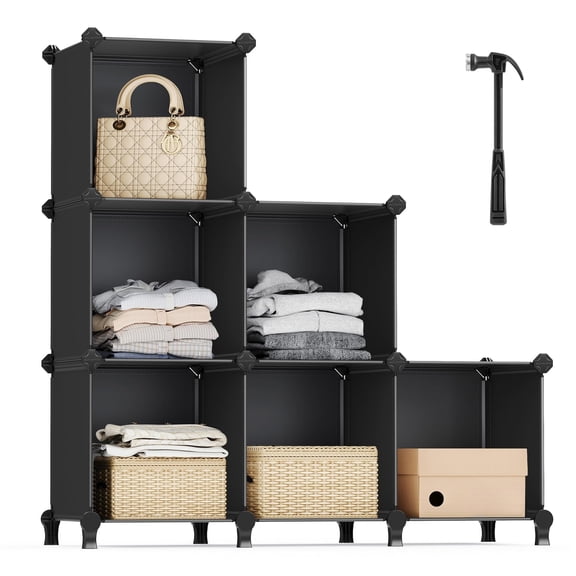 6 Cube Storage Organizer, Modular Bookshelf, DIY Closet Organizers and Storage, Plastic Stackable Shelves, 11.8 x 11.8 x 11.8 Inch Cubes, with Feet and Rubber Mallet,