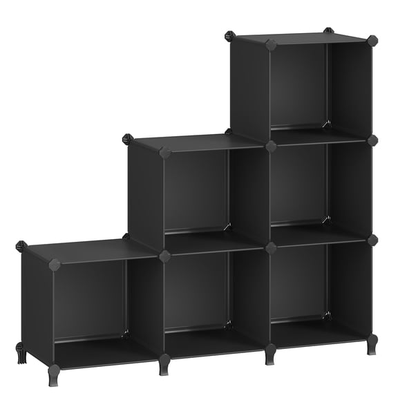 6 Cube Storage Organizer, Modular Bookshelf, DIY Closet Organizers and Storage, Plastic Stackable Shelves, 11.8 x 11.8 x 11.8 Inch Cubes, with Feet and Rubber Mallet,