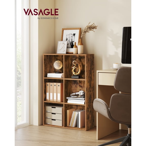 6-Cube Storage Shelf, Open Bookcase Organizer, 9.4" D x 25.8" W x 38.6" H, for Living Room, Office, Dining Room, Rustic Brown