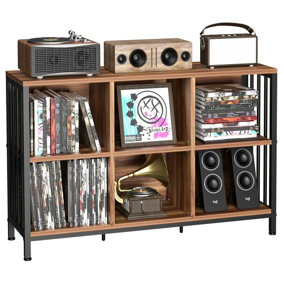 6-Cube Storage Shelf with Metal Frame - Heavy Duty Vintage Bookcase, 47.24" Wide Organizer with Adjustable Feet & Back Panel for Living Room, Office