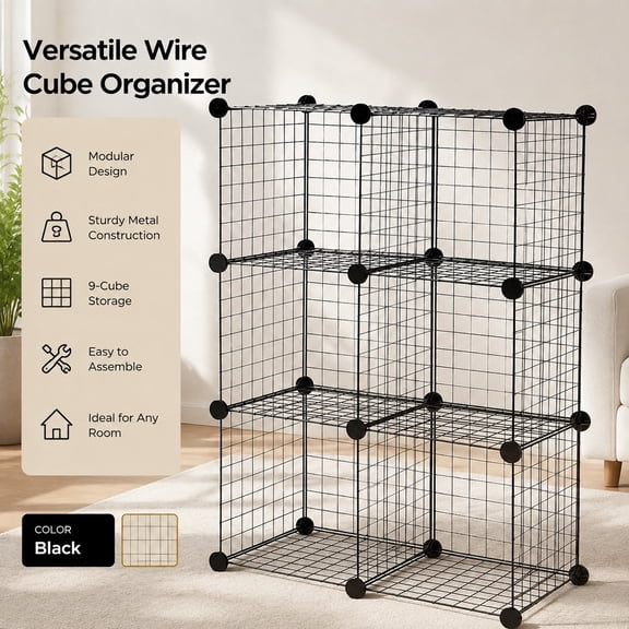 6-Cube Wire Grid Stackable Storage Organizer, Metal Shelving Unit, Easy No-Tool Assembly, 26"W x 38"H x 12.6"D, Black Storage Solution