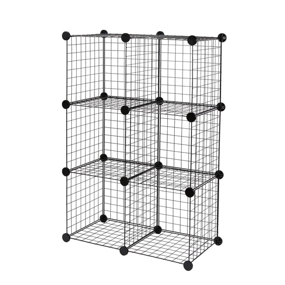 6-Cube Wire Grid Stackable Storage Organizer Metal Shelving Unit No-Tool Assembly 26"W x 38"H x 12.6"D Black Durable Storage Solution