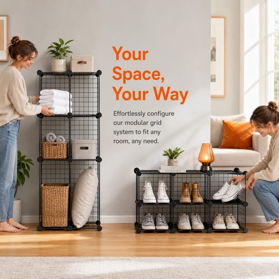 6-Cube Wire Grid Stackable Storage Organizer, Metal Shelving Unit, No-Tool Assembly, 26"W x 38"H x 12.6"D, Black