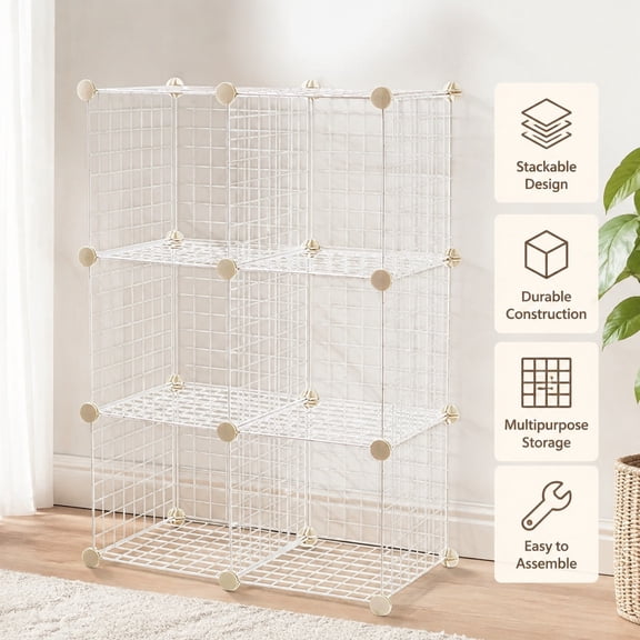 6-Cube Wire Grid Storage Organizer, 12 x 12-Inch Modular Cube Shelves, White Metal Frame for Home Office