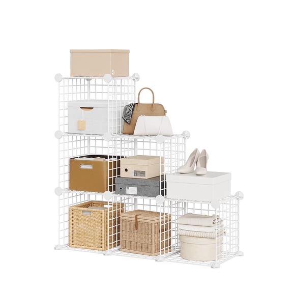 6-Cube Wire Grid Storage Organizer, Modular Metal Shelf Unit with 12.6” Cubes, DIY Bookshelf for Bedroom, Closet, Living Room, White