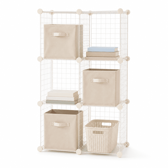 6 Cube Wire Grid Storage Organizer, White Stackable Storage Cubes, Modular Closet Organizer Shelves for Bedroom Living Room Office