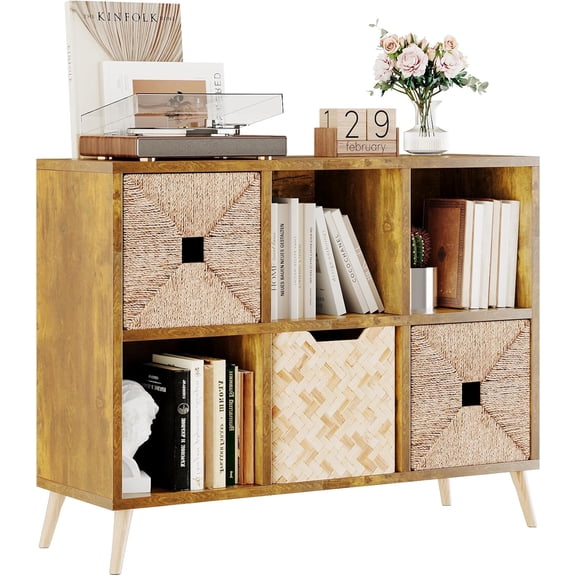 6-Cube Wood Bookcase with Legs, Modern Freestanding Cubby Shelving Unit, Fits 11 Inch Bins, Rustic Brown