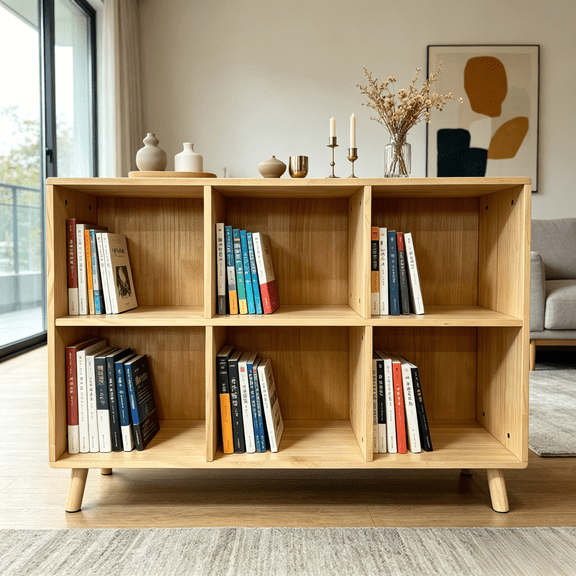 6 Cube Wooden Storage Shelf, Freestanding Open Bookcase with Legs, Natural Solid Wood Cubby Organizer for Living Room Bedroom Office Entryway – Natural Wood