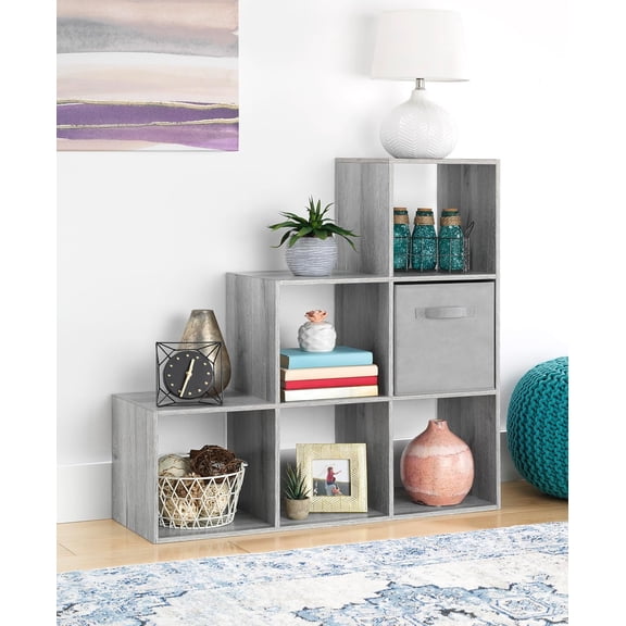 6 Cubes Bookshelf, Freestanding L Shaped Corner Storage Etagere for Home Office Living Room Kids Room, Gray