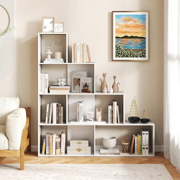 6 Cubes Bookshelf, L Shaped Ladder Corner Open Bookshelf, 4 Tier Stepped Etagere Bookcase, Wooden Geometric Display Shelf, 10 Shelves Storage Organizer for Living Room Home Office