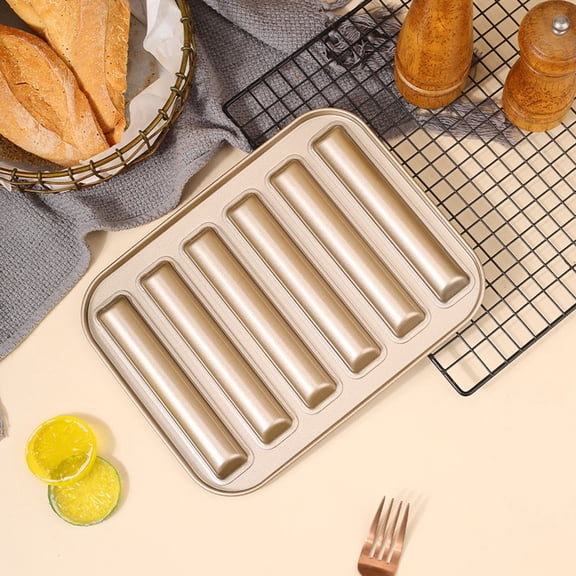 6 Cup Cake Baking Pan Breadstick Cornstick Biscotti Ladyfinger Donut Cookie Cornbread Stick Mini Bread Loaf Baguette Nonstick Small Muffin Cupcake Madeleine Tray Mold (Gold)