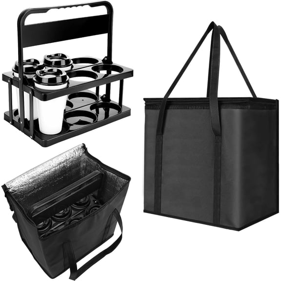 6 Cup Drink Carrier with Handle and Insulated Bag for Hot and Cold Drink/, Foldable Plastic Cup Holder and Large Capacity Insulated Bag for Travel and Delivery