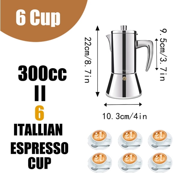 6 Cup Thickened Stainless Steel Moka Pot with Induction Adapter Plate for Gas Electric Stove