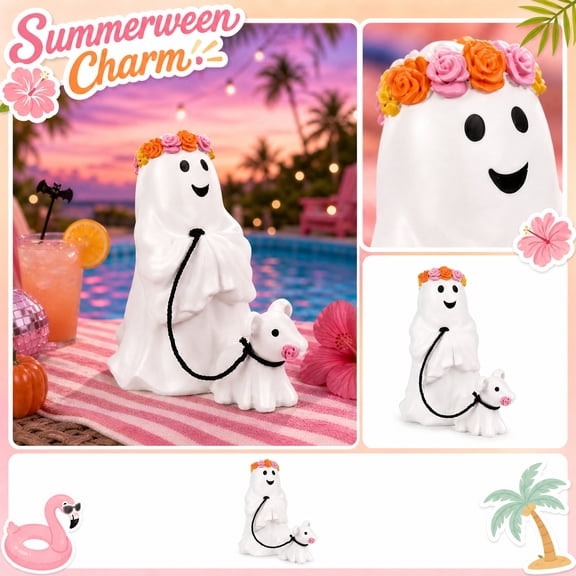 6" Cute Halloween Ghost Walking Dog Figurine with Flower - White Ghost Dog Statue Spooky Cute Tabletop Tiered Tray Decor Halloween Figurine with Flower Leash for Autumn Home Table Centerpie