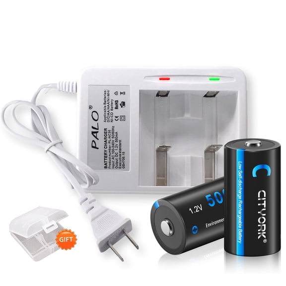 2 C Size 5000mAh High Capacity Low Self Discharge 1.2v Ni-MH Rechargeable Batteries with 2 Slots Intelligent Fast LED Light Indicator Battery Charger For 1.2V AA AAA C D Size Ni-MH Ni-CD Batteries
