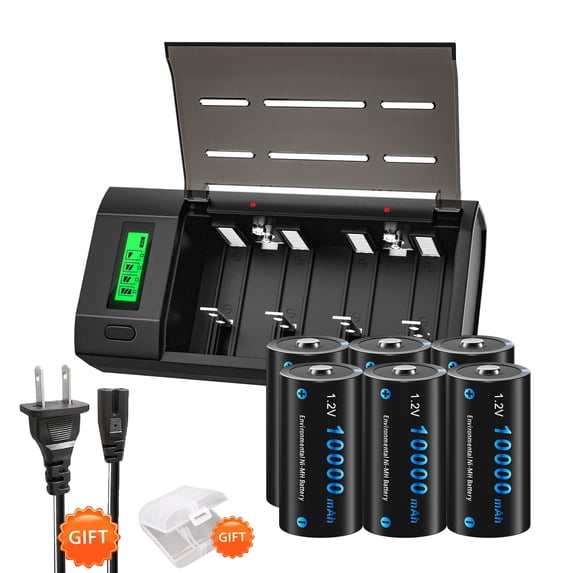 6 D Size High Capacity Low Self Discharge 1.2v Ni-MH Rechargeable Batteries with 4 Bay Smart Intelligent LCD Display Battery Charger For 1.2V AA AAA C D Size 9V Ni-MH Ni-CD Rechargeable Battery