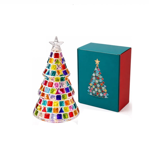 6" DIY Stained Glass Mosaic Christmas Tree Kit for Adults Home Decor Colorful Rainbow Pattern Light Up Tabletop Ornament Craft Set with Complete Tools and Gift Box