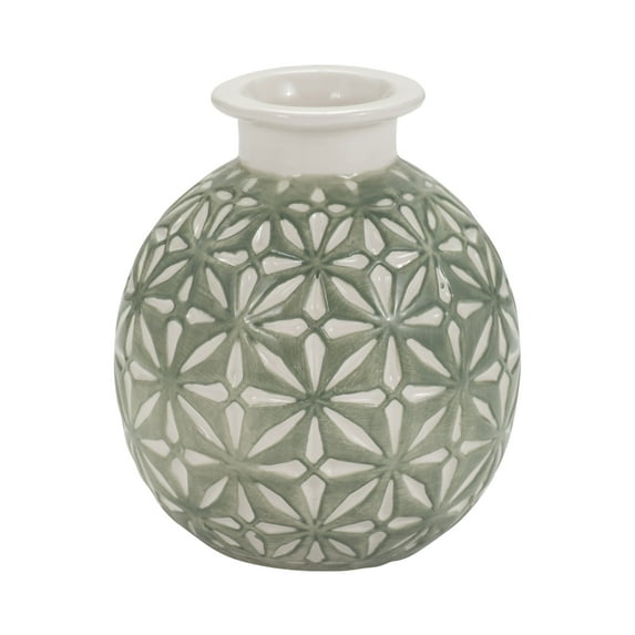 6" Decorative Daisy Ceramic Vase - Contemporary Round Dark Sage Green and White Flower Vase for Home, Office Decorative Accent - Easy Gift Idea