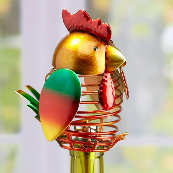 6" Decorative Spring Red Wrought Iron Rooster Figurine Wine Bottle Stopper
