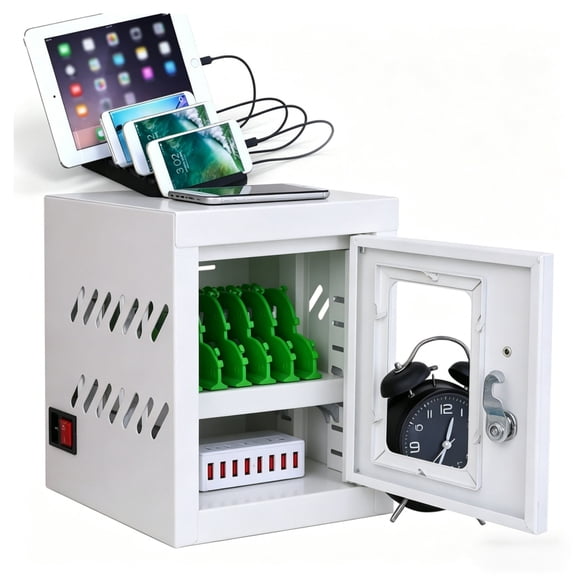 6 Device Cell Phone Charging Station Locker, Multiple USB Port Charging Cabinet, Fits up to 8.1 in Tablets, for School and Office, White