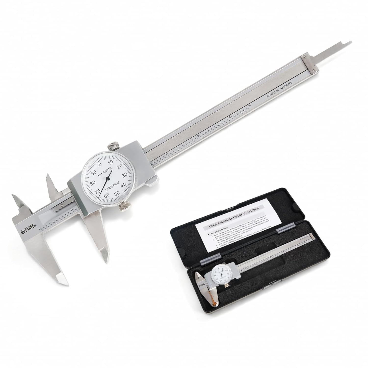 6" Dial Caliper, 6 Inches Measurement, Caliper Measuring Tool, 0.001 inch fine Graduation, 4-Way Measurements, Hardened 4R13 Stainless Steel, Ideal for DIY/Household