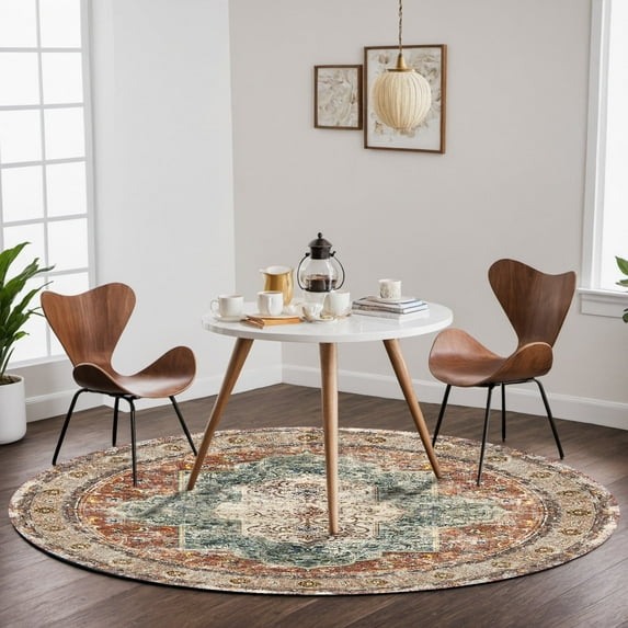 6' Diameter Traditional Area Rugs for Living Room, Non-Slip Indoor Thin Carpet for Bedroom, Foldable Persian Medallion Rugs,Brick Red