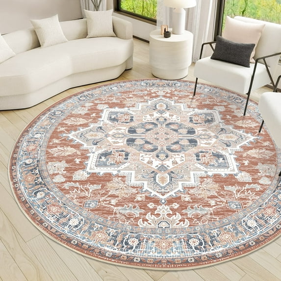 6'x6' Round Area Rugs, Machine Washable Non Slip Area Rug for Living Room, Soft Low Pile Vintage Print Pattern Indoor Bedroom Thin Carpet, Brick Red