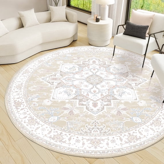 6'x6' Round Area Rugs, Machine Washable Non Slip Area Rug for Living Room, Soft Low Pile Vintage Print Pattern Indoor Bedroom Thin Carpet, Cream