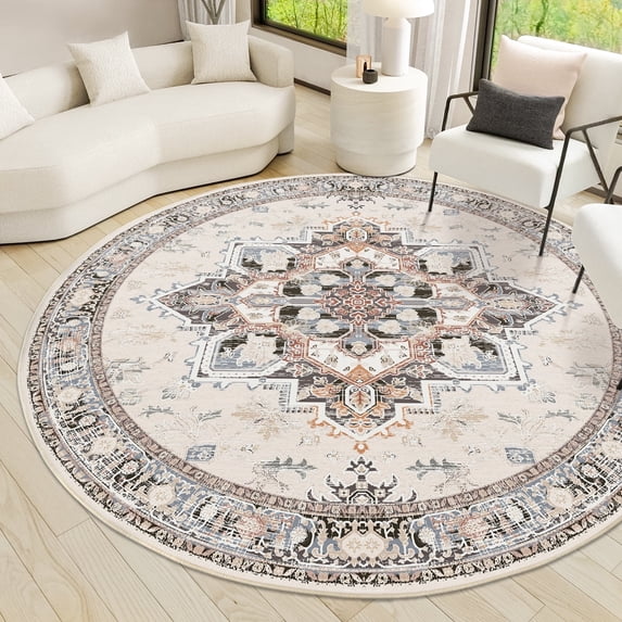 6'x6' Round Area Rugs, Machine Washable Non Slip Area Rug for Living Room, Soft Low Pile Vintage Print Pattern Indoor Bedroom Thin Carpet, Khaki