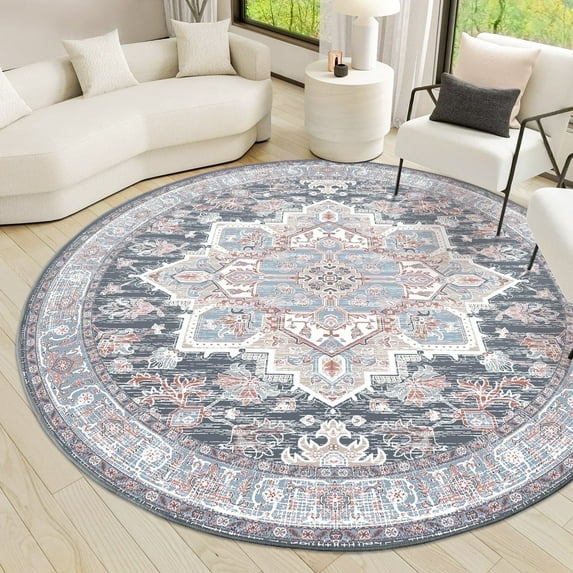6'x6' Round Area Rugs, Machine Washable Non Slip Area Rug for Living Room, Soft Low Pile Vintage Print Pattern Indoor Bedroom Thin Carpet, Navy Blue